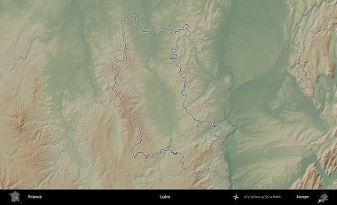 Loire. Renkli bir yükseklik haritasında Fransa 'nın ana yönetim alanı belirtilmiş