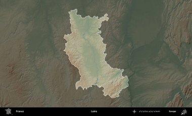 Loire. Fransa 'nın idari alanı koyu renkli bir yükseklik haritasına vurgulandı ve özetlendi
