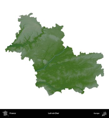 Loir-et-Cher. Fransa 'nın idari bölgesi renkli bir yükseklik haritasında beyaza izole edilmiş