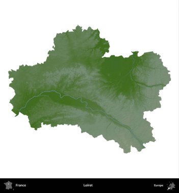 Loiret. Fransa 'nın idari bölgesi renkli bir yükseklik haritasında beyaza izole edilmiş