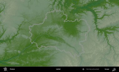 Loiret. Renkli bir yükseklik haritasında Fransa 'nın ana yönetim alanı belirtilmiş