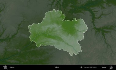 Loiret. Fransa 'nın idari alanı koyu renkli bir yükseklik haritasına vurgulandı ve özetlendi