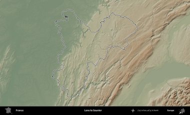 Lons-le-Saunier. Renkli bir yükseklik haritasında Fransa 'nın ana yönetim alanı belirtilmiş