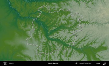 Lot-et-Garonne. Renkli bir yükseklik haritasında Fransa 'nın ana yönetim alanı belirtilmiş