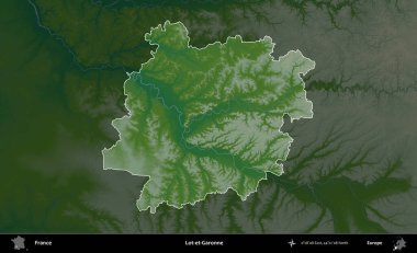 Lot-et-Garonne. Fransa 'nın idari alanı koyu renkli bir yükseklik haritasına vurgulandı ve özetlendi
