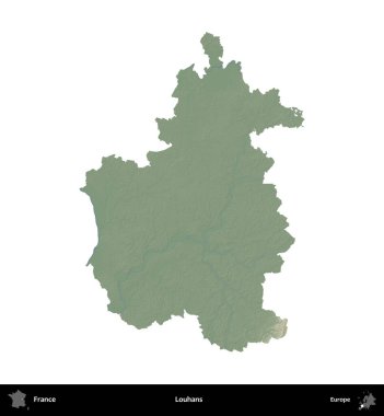 Louhan 'lar. Fransa 'nın idari bölgesi renkli bir yükseklik haritasında beyaza izole edilmiş