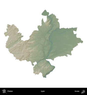 Lyon. Fransa 'nın idari bölgesi renkli bir yükseklik haritasında beyaza izole edilmiş