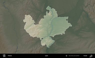 Lyon. Fransa 'nın idari alanı koyu renkli bir yükseklik haritasına vurgulandı ve özetlendi