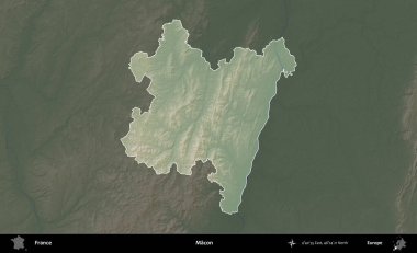 Macon. Fransa 'nın idari alanı koyu renkli bir yükseklik haritasına vurgulandı ve özetlendi