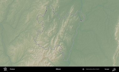 Macon. Renkli bir yükseklik haritasında Fransa 'nın ana yönetim alanı belirtilmiş
