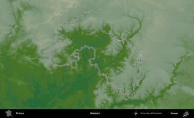 Mamers. Renkli bir yükseklik haritasında Fransa 'nın ana yönetim alanı belirtilmiş