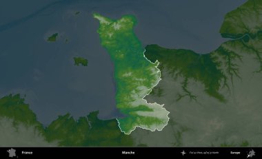 Manche. Fransa 'nın idari alanı koyu renkli bir yükseklik haritasına vurgulandı ve özetlendi
