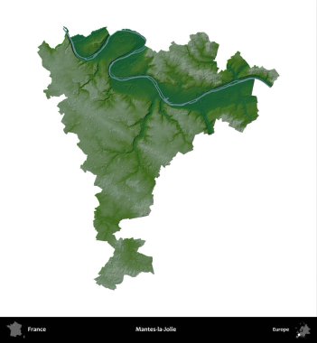 Mantes-la-Jolie. Fransa 'nın idari bölgesi renkli bir yükseklik haritasında beyaza izole edilmiş