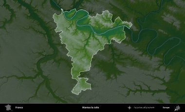 Mantes-la-Jolie. Fransa 'nın idari alanı koyu renkli bir yükseklik haritasına vurgulandı ve özetlendi