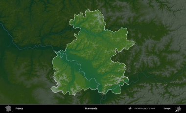 Marmande. Fransa 'nın idari alanı koyu renkli bir yükseklik haritasına vurgulandı ve özetlendi