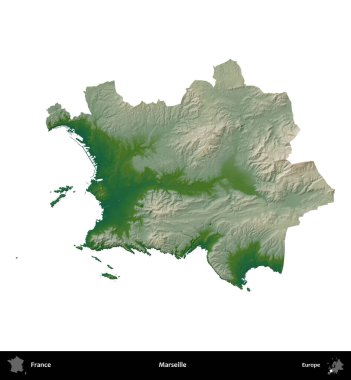 Marsilya. Fransa 'nın idari bölgesi renkli bir yükseklik haritasında beyaza izole edilmiş