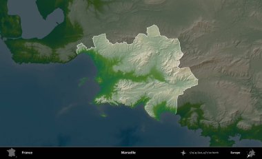 Marsilya. Fransa 'nın idari alanı koyu renkli bir yükseklik haritasına vurgulandı ve özetlendi