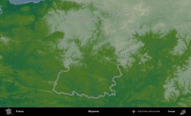 Mayenne. Renkli bir yükseklik haritasında Fransa 'nın ana yönetim alanı belirtilmiş