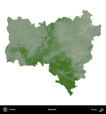 Mayenne. Fransa 'nın idari bölgesi renkli bir yükseklik haritasında beyaza izole edilmiş