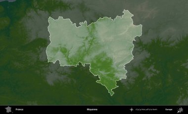 Mayenne. Fransa 'nın idari alanı koyu renkli bir yükseklik haritasına vurgulandı ve özetlendi