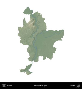 Metropole de Lyon 'da. Fransa 'nın idari bölgesi renkli bir yükseklik haritasında beyaza izole edilmiş