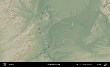 Metropole de Lyon 'da. Renkli bir yükseklik haritasında Fransa 'nın ana yönetim alanı belirtilmiş