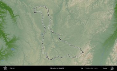 Meurthe-et-Moselle. Renkli bir yükseklik haritasında Fransa 'nın ana yönetim alanı belirtilmiş