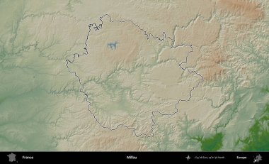 Millau. Renkli bir yükseklik haritasında Fransa 'nın ana yönetim alanı belirtilmiş