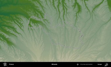 Mirande. Renkli bir yükseklik haritasında Fransa 'nın ana yönetim alanı belirtilmiş