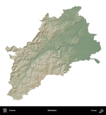 Molsheim. Fransa 'nın idari bölgesi renkli bir yükseklik haritasında beyaza izole edilmiş