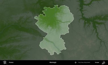 Montargis. Fransa 'nın idari alanı koyu renkli bir yükseklik haritasına vurgulandı ve özetlendi