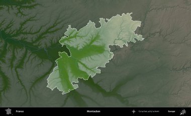 Montauban. Fransa 'nın idari alanı koyu renkli bir yükseklik haritasına vurgulandı ve özetlendi
