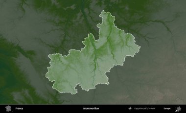 Montmorillon 'da. Fransa 'nın idari alanı koyu renkli bir yükseklik haritasına vurgulandı ve özetlendi