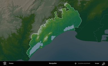Montpellier 'de. Fransa 'nın idari alanı koyu renkli bir yükseklik haritasına vurgulandı ve özetlendi