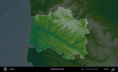 Montreuil-sur-Mer. Fransa 'nın idari alanı koyu renkli bir yükseklik haritasına vurgulandı ve özetlendi