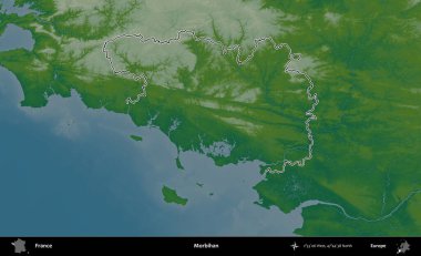 Morbihan. Renkli bir yükseklik haritasında Fransa 'nın ana yönetim alanı belirtilmiş