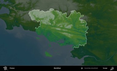 Morbihan. Fransa 'nın idari alanı koyu renkli bir yükseklik haritasına vurgulandı ve özetlendi
