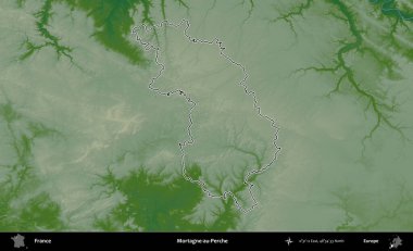 Mortagne-au-Perche. Renkli bir yükseklik haritasında Fransa 'nın ana yönetim alanı belirtilmiş