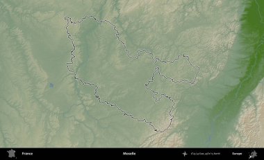 Moselle. Renkli bir yükseklik haritasında Fransa 'nın ana yönetim alanı belirtilmiş