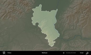 Mulhouse. Fransa 'nın idari alanı koyu renkli bir yükseklik haritasına vurgulandı ve özetlendi