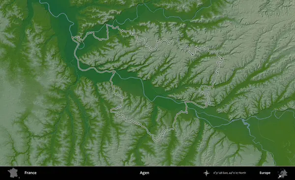 Agen. Renkli bir yükseklik haritasında Fransa 'nın ana yönetim alanı belirtilmiş