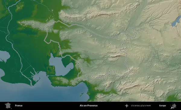 Aix-en-Provence. Renkli bir yükseklik haritasında Fransa 'nın ana yönetim alanı belirtilmiş