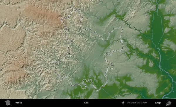 Ales. Renkli bir yükseklik haritasında Fransa 'nın ana yönetim alanı belirtilmiş