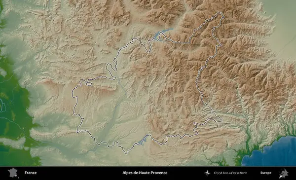 Alpes-de-Haute-Provence. Renkli bir yükseklik haritasında Fransa 'nın ana yönetim alanı belirtilmiş