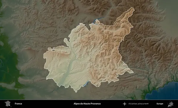 Alpes-de-Haute-Provence. Fransa 'nın idari alanı koyu renkli bir yükseklik haritasına vurgulandı ve özetlendi