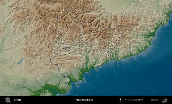 Alpes-Maritimes. Renkli bir yükseklik haritasında Fransa 'nın ana yönetim alanı belirtilmiş