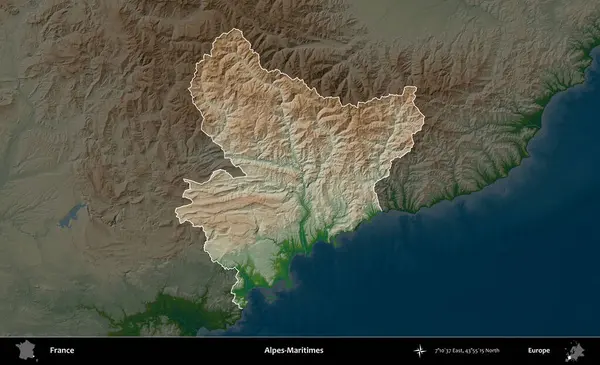 Alpes-Maritimes. Fransa 'nın idari alanı koyu renkli bir yükseklik haritasına vurgulandı ve özetlendi