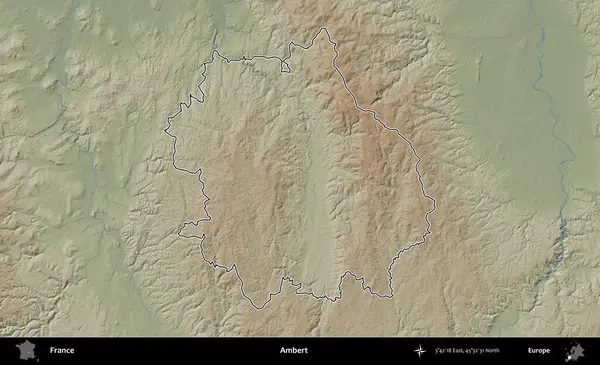 Ambert. Renkli bir yükseklik haritasında Fransa 'nın ana yönetim alanı belirtilmiş