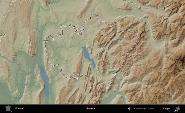 Annecy. Renkli bir yükseklik haritasında Fransa 'nın ana yönetim alanı belirtilmiş