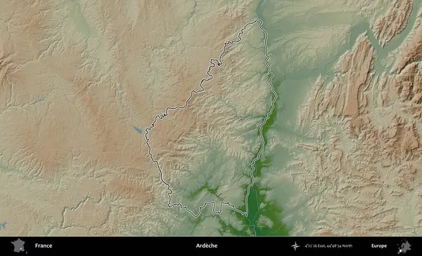 Ardeche. Renkli bir yükseklik haritasında Fransa 'nın ana yönetim alanı belirtilmiş